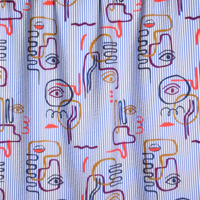 Atelier Jupe- Wit en blauw grafische textuur-viscose -  € 26 /m